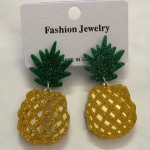 SPARKLE GLITTER MIRROR EFFECT PINEAPPLE FRUIT ACRYLIC STUD DANGLE EARRINGS